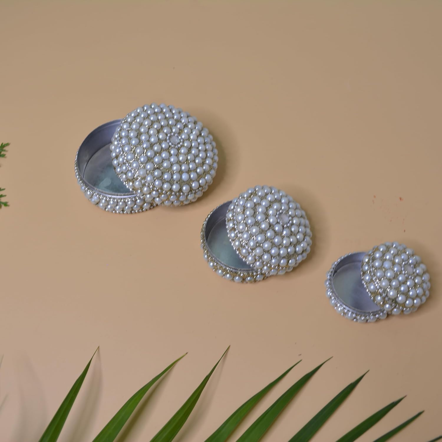 santarms white Pearl Kumkum, sindoor or jewellery box, multipurpose 3 boxes, Small Medium and large (set of 3)(pack 1)