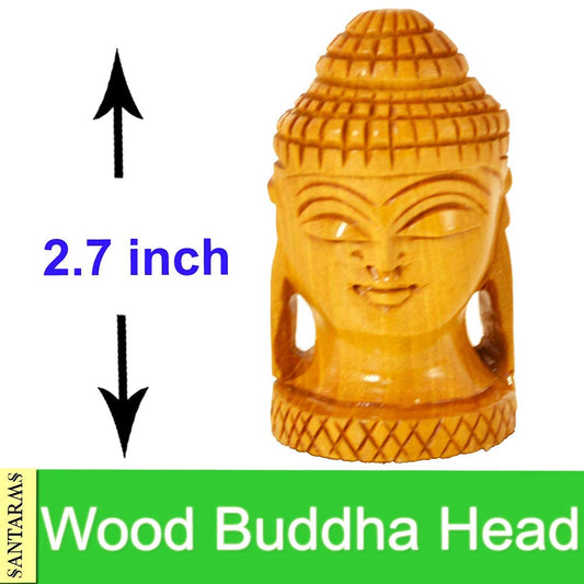 santarms Wooden Buddha Head Showpiece Statute Idol | Decorative Spiritual Vastu Item Office Desk Car Blessing Gift Religious & Murti for Mandir Temple Home Decor | 7 Cm