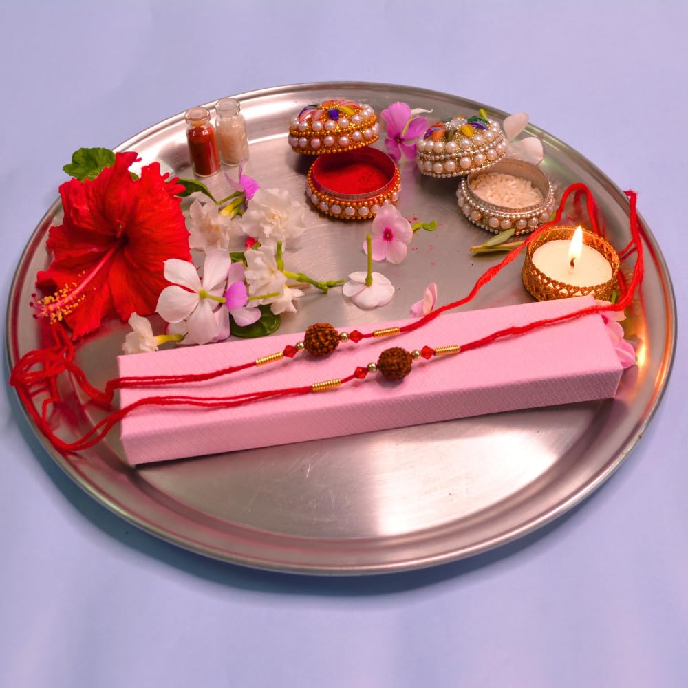 santarms Rakhi Gift Pack With Set Of 2 Rudraksh Rakhi, And Roli Chawal For Brother Branded Packaging