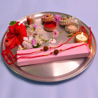 santarms Rakhi Gift Pack With Set Of 2 Rudraksh Rakhi, And Roli Chawal For Brother Branded Packaging