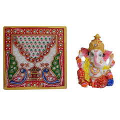 Santarms Handmade Fine Ganesh with Chowki Temple Idol Lord Ganesha Ganapathi Gajanan Subharambh | Festival Item Showpiece for Table Top Home | Best Gifting | 10 Cm