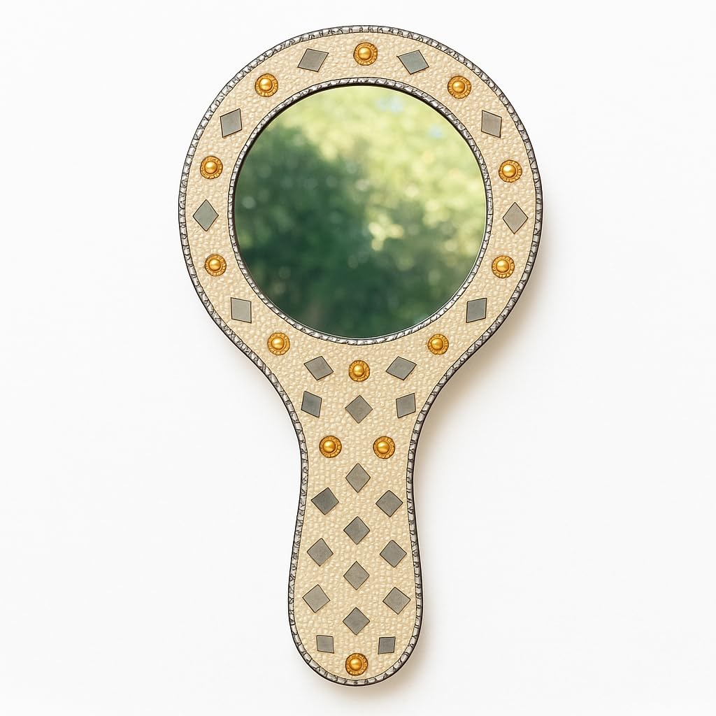 santarms Handcrafted Decorative Makeup Mirror – Vintage Handheld Vanity Mirror with Mirror Work, Pearls & Beads | Indian Traditional Design | Portable & Stylish Gift for Women, Pack of 1