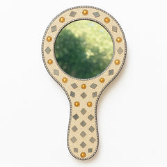 santarms Handcrafted Decorative Makeup Mirror – Vintage Handheld Vanity Mirror with Mirror Work, Pearls & Beads | Indian Traditional Design | Portable & Stylish Gift for Women, Pack of 1
