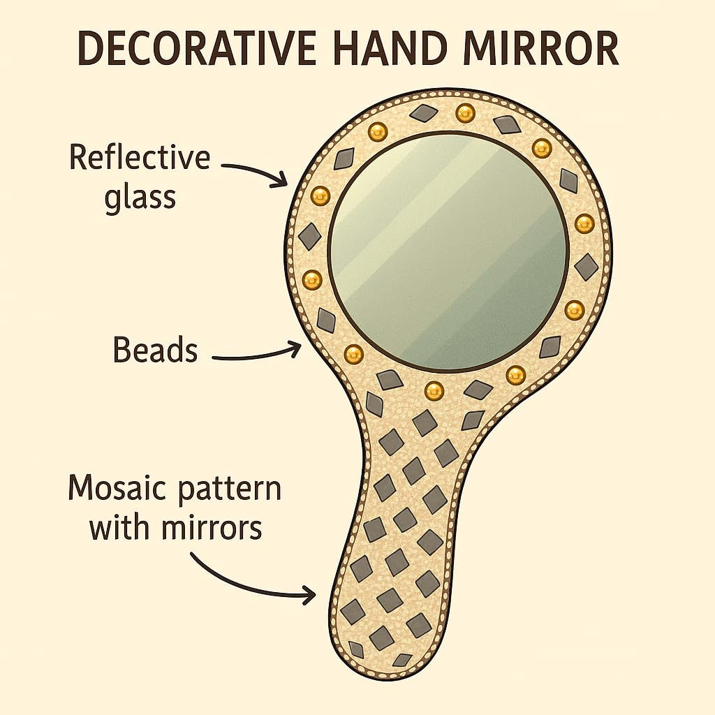 santarms Handcrafted Decorative Makeup Mirror – Vintage Handheld Vanity Mirror with Mirror Work, Pearls & Beads | Indian Traditional Design | Portable & Stylish Gift for Women, Pack of 1