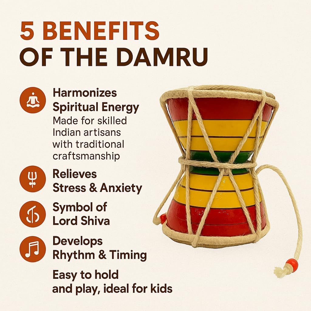 Santarms Handcrafted Wooden Damru | 5 Inch Traditional Indian Drum for Devotional Puja, Bhajan, Meditation & Kids | Lord Shiva Spiritual Instrument