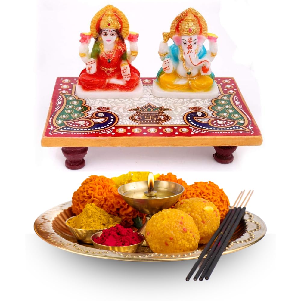 santarms Marble Laxmi Ganesh Idol with Chowki - Diwali Decorations and Pooja Gift Set, Perfect Diwali Gift, Pack of 1, Combo