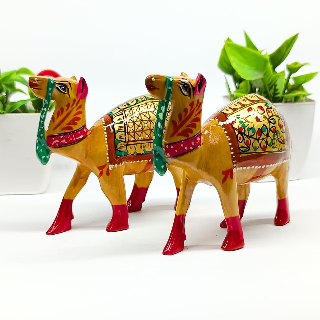 santarms Handmade Gold Meenakari Painted Work Decorative Handcrafted Wooden Camel Sculpture Statue for Home Decor | Art & Craft Showpiece Diwali Festive Figurine Decoration – 4.3 Cm