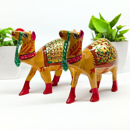 santarms Handmade Gold Meenakari Painted Work Decorative Handcrafted Wooden Camel Sculpture Statue for Home Decor | Art & Craft Showpiece Diwali Festive Figurine Decoration – 4.3 Cm