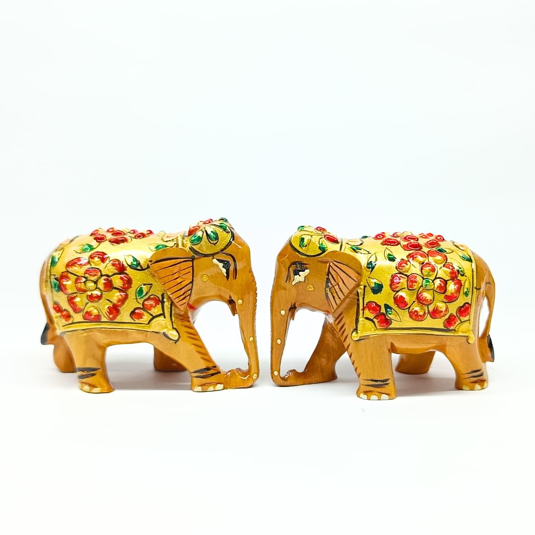 santarms Wooden Elephant Statue with Gold Polish and Meenakari Work | Small Size Decorative Animal Showpiece Figurine for Home & Office Table Article (Set of 1 Piece)