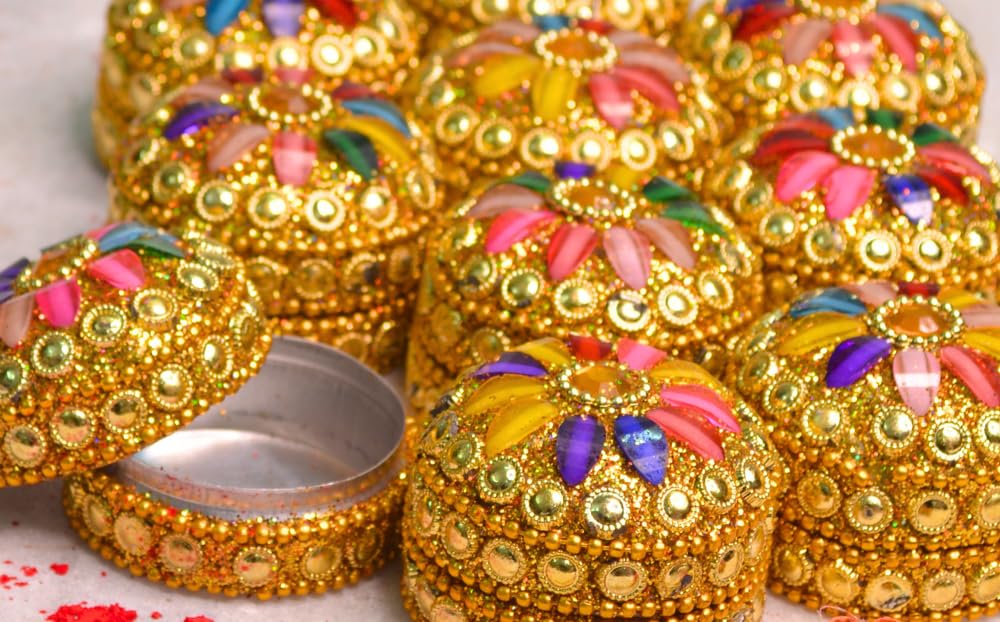 santarms Handmade Golden Small Kumkum Box Handcrafted Sindoor Shringar Dani For Married Women Shadi Ka Gifts Aluminum Daani - Shadi Ka Gifts Pack