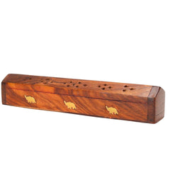 Santarms Wooden Agarbatti Stand with Brass Elephant Inlay – Incense Stick Holder Box with Ash Catcher Lid – Handmade Natural Wood Incense Burner for Home Temple Office Decor