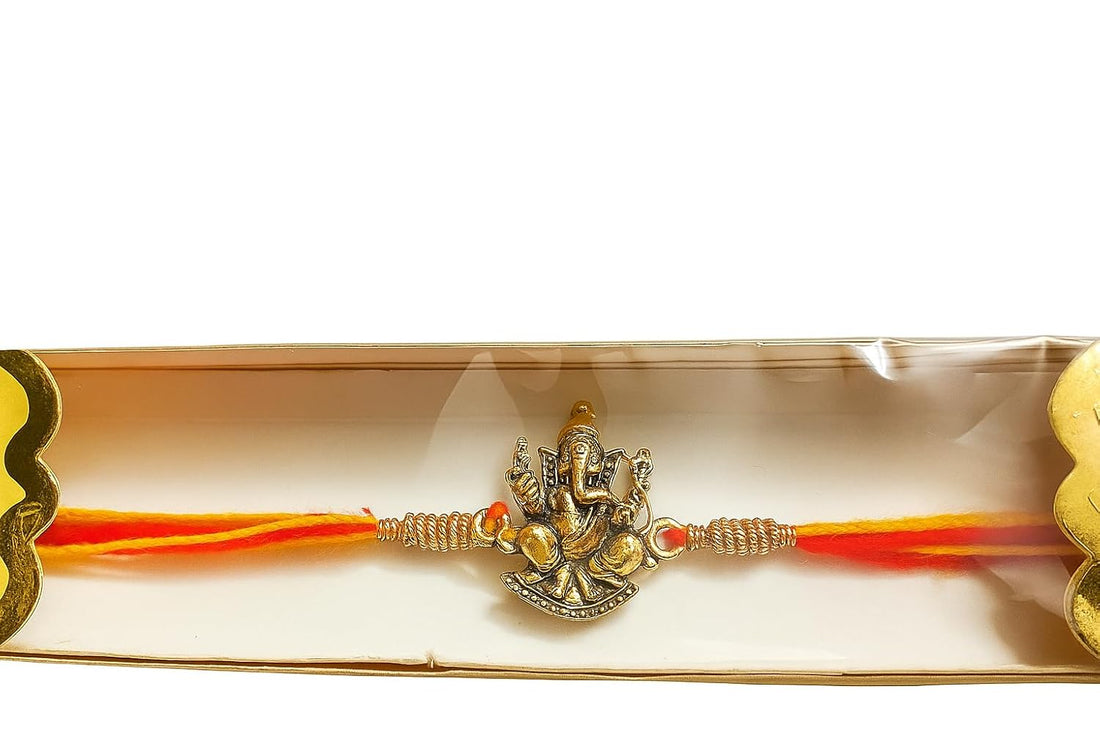 santarms Ganesh Ji Rakhi for Brother | Traditional Lord Ganesha Rakhi for Rakshabandhan with Decorative Box & Roli Chawal Combo