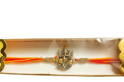 santarms Ganesh Ji Rakhi for Brother | Traditional Lord Ganesha Rakhi for Rakshabandhan with Decorative Box & Roli Chawal Combo
