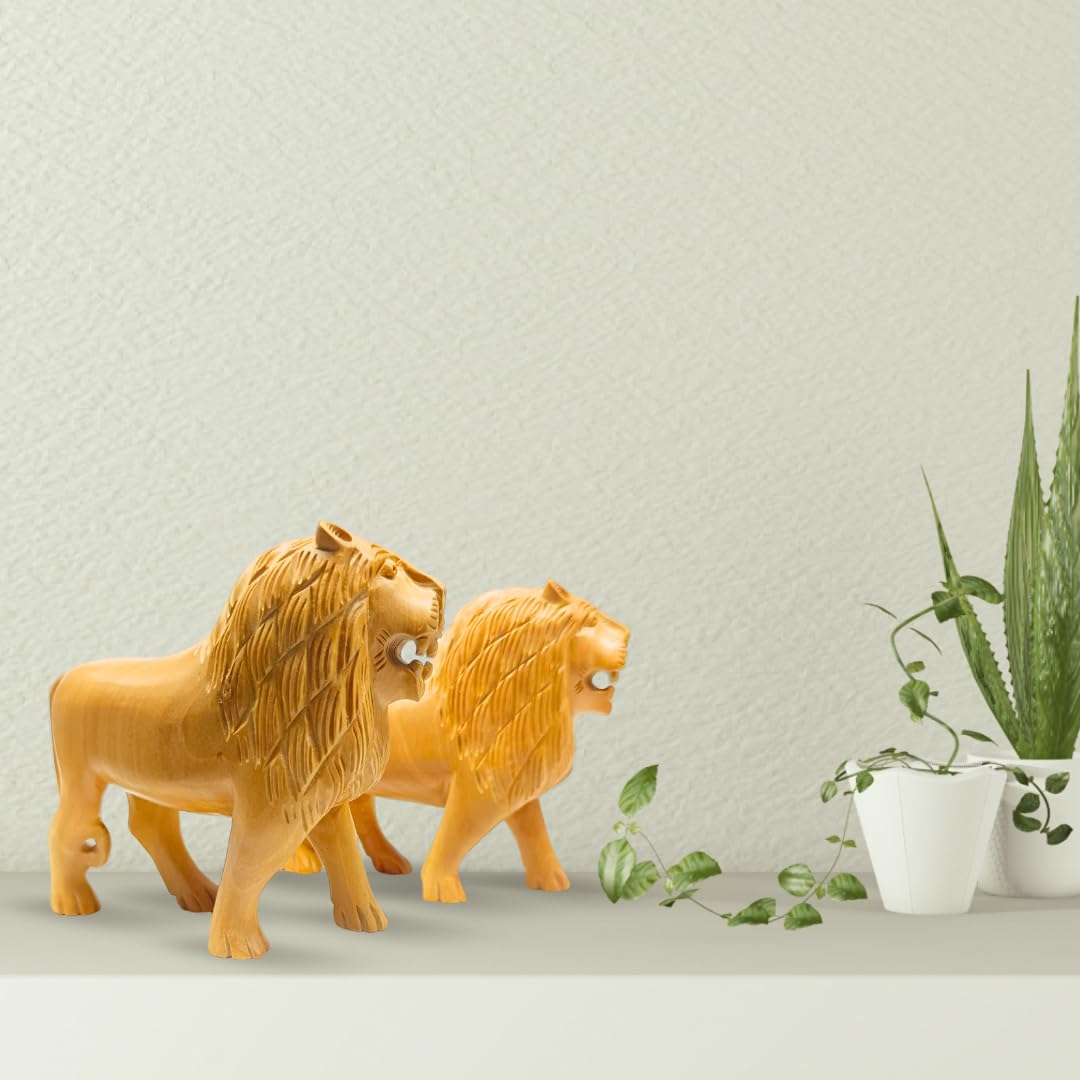 santarms Handmade Wooden Lion Statue Decoration for Home | 5-Inch Animal Collectible Figurine Antique Carved Sculpture Showpiece Elegant Wildlife Decor Accent