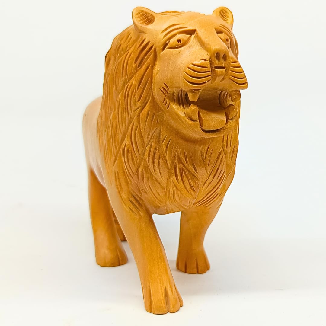 santarms Handmade Wooden Lion Statue Decoration for Home | 5-Inch Animal Collectible Figurine Antique Carved Sculpture Showpiece Elegant Wildlife Decor Accent