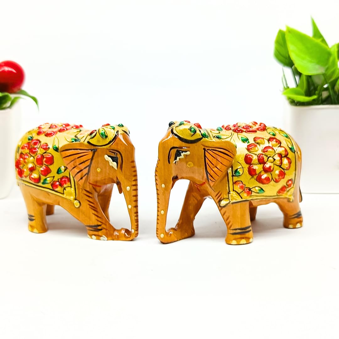 santarms Wooden Elephant Statue with Gold Polish and Meenakari Work | Small Size Decorative Animal Showpiece Figurine for Home & Office Table Article (Set of 1 Piece)