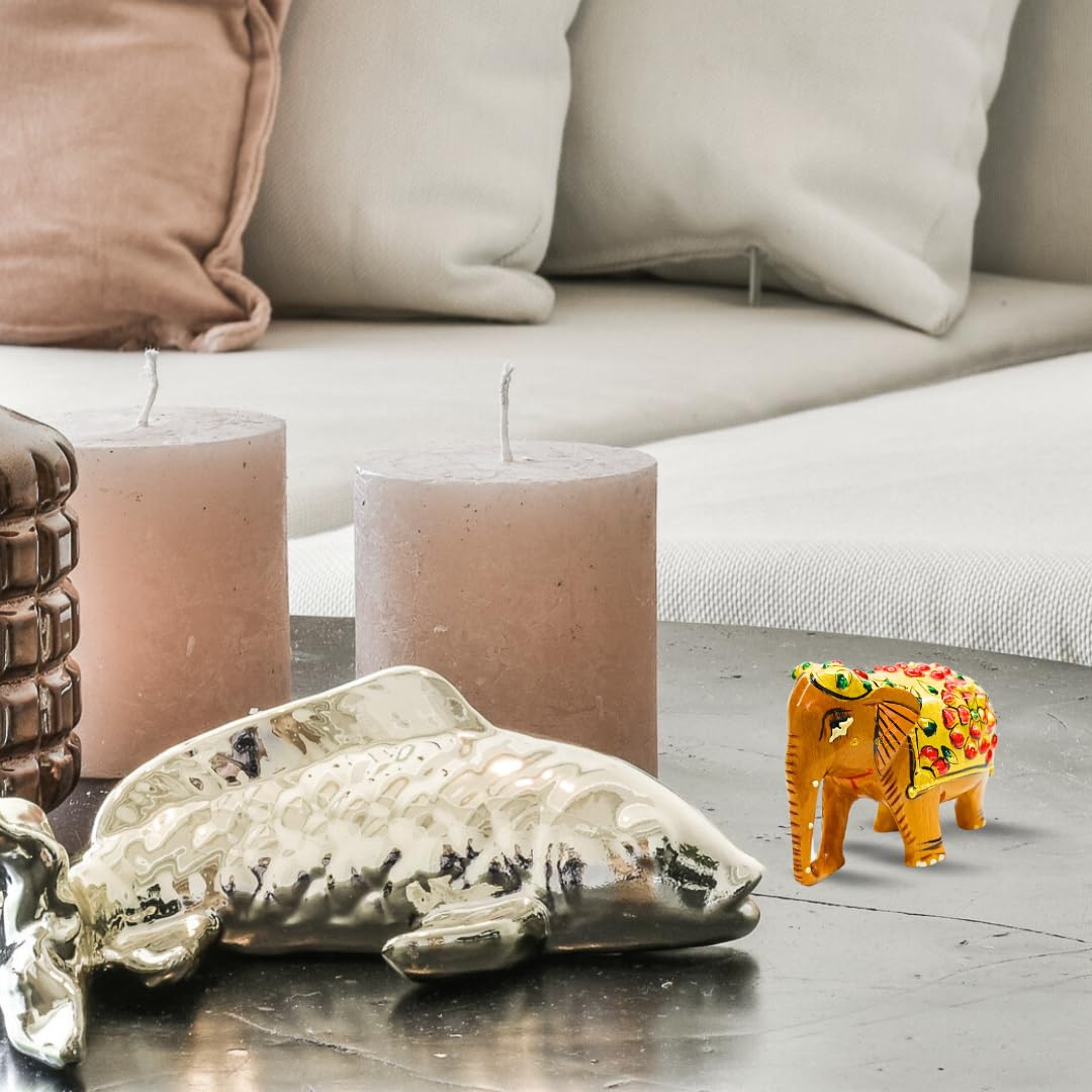 santarms Wooden Elephant Statue with Gold Polish and Meenakari Work | Small Size Decorative Animal Showpiece Figurine for Home & Office Table Article (Set of 1 Piece)