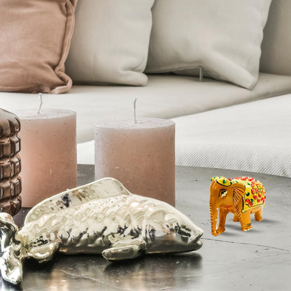 santarms Wooden Elephant Statue with Gold Polish and Meenakari Work | Small Size Decorative Animal Showpiece Figurine for Home & Office Table Article (Set of 1 Piece)