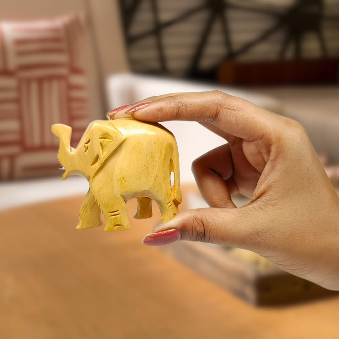 Santams Wooden Natural Original Elephant Idol Statue | Hathi Murti Figurine for Home Décor | Decorative Showpiece (2-Inch) | Shiny Look Elegant Accent 2Pcs
