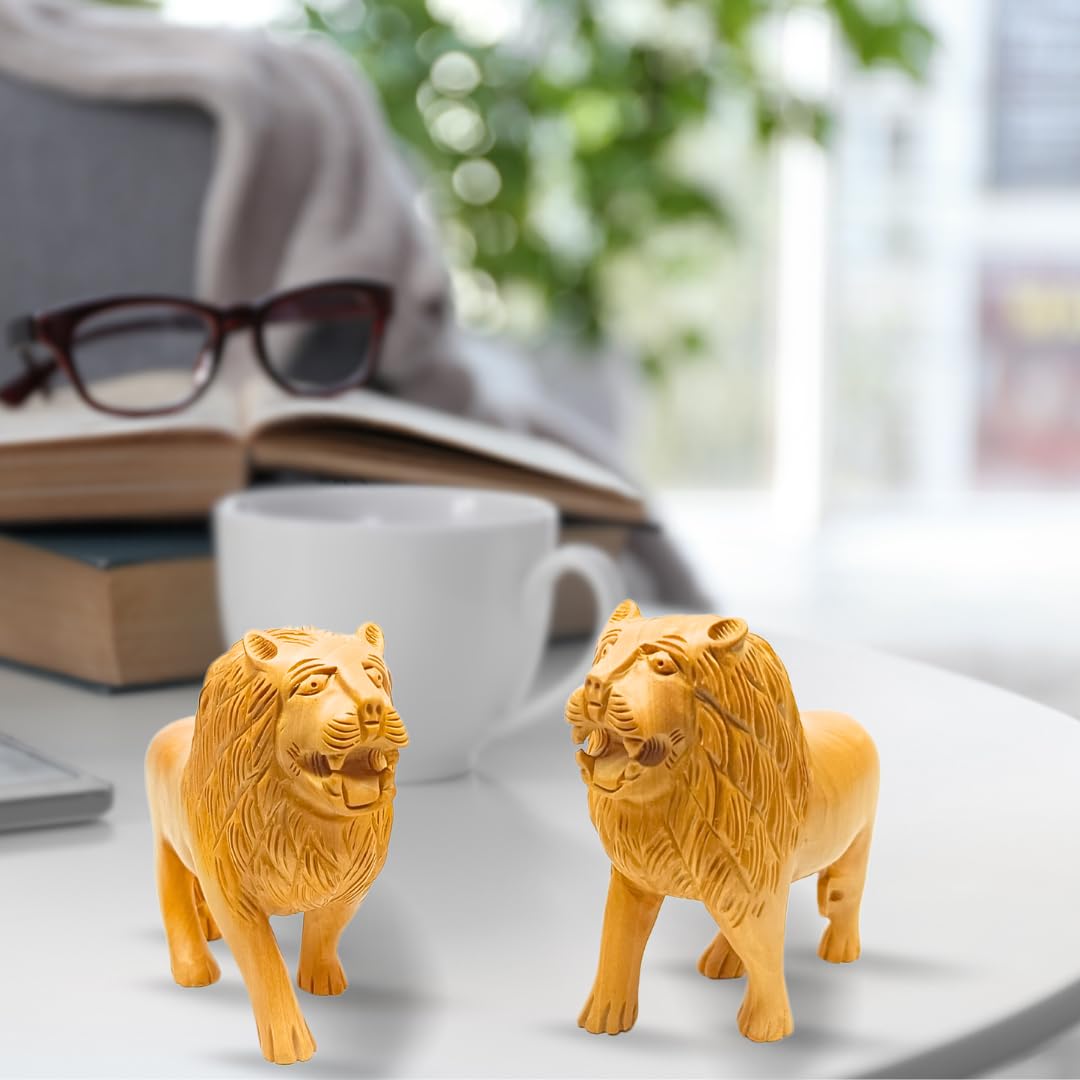 santarms Handmade Wooden Lion Statue Decoration for Home | 5-Inch Animal Collectible Figurine Antique Carved Sculpture Showpiece Elegant Wildlife Decor Accent