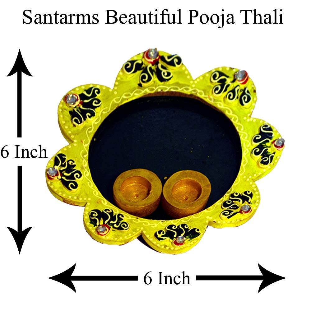 santarms "Wooden Pooja Thali for Puja and Rakhi - Handcrafted Flower Shape Yellow Thali, Perfect for Tilak and Rituals | Elegant and Decorative Pooja Plate | Pack of 1