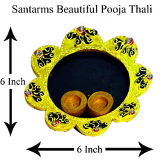 santarms "Wooden Pooja Thali for Puja and Rakhi - Handcrafted Flower Shape Yellow Thali, Perfect for Tilak and Rituals | Elegant and Decorative Pooja Plate | Pack of 1