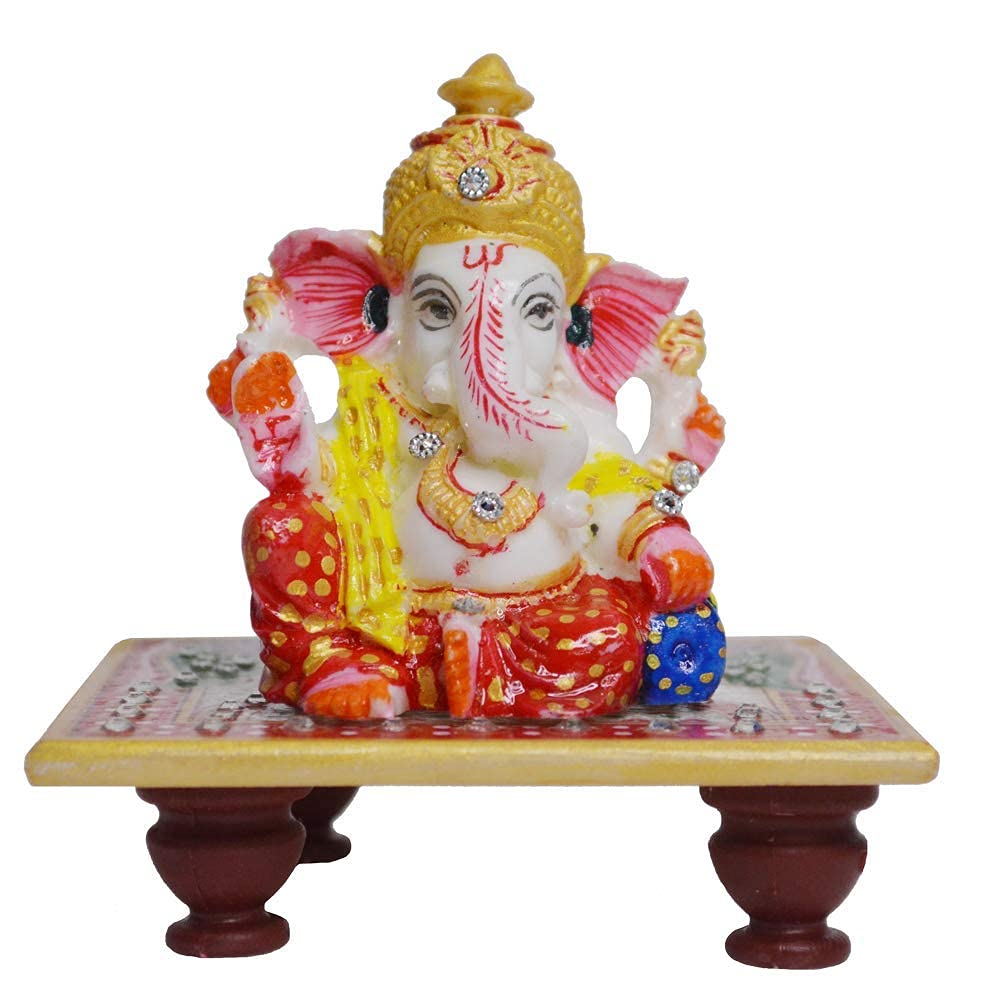 Santarms Handmade Fine Ganesh with Chowki Temple Idol Lord Ganesha Ganapathi Gajanan Subharambh | Festival Item Showpiece for Table Top Home | Best Gifting | 10 Cm