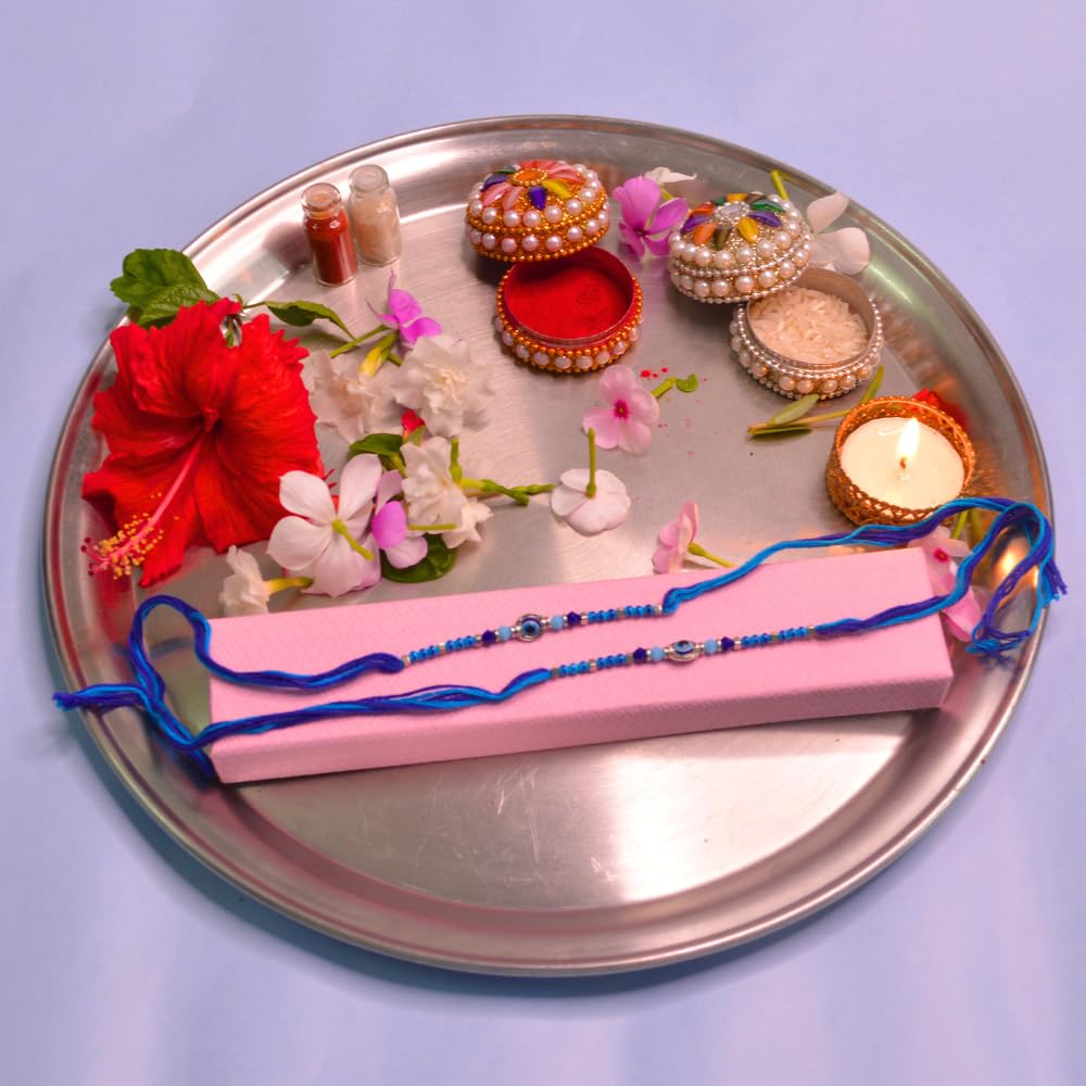 santarms Rakhi Combo Of 2 Rakshabandhan Celebrations Gift Evil Eyes With Mauli And Chawal For Brother Bhabhi