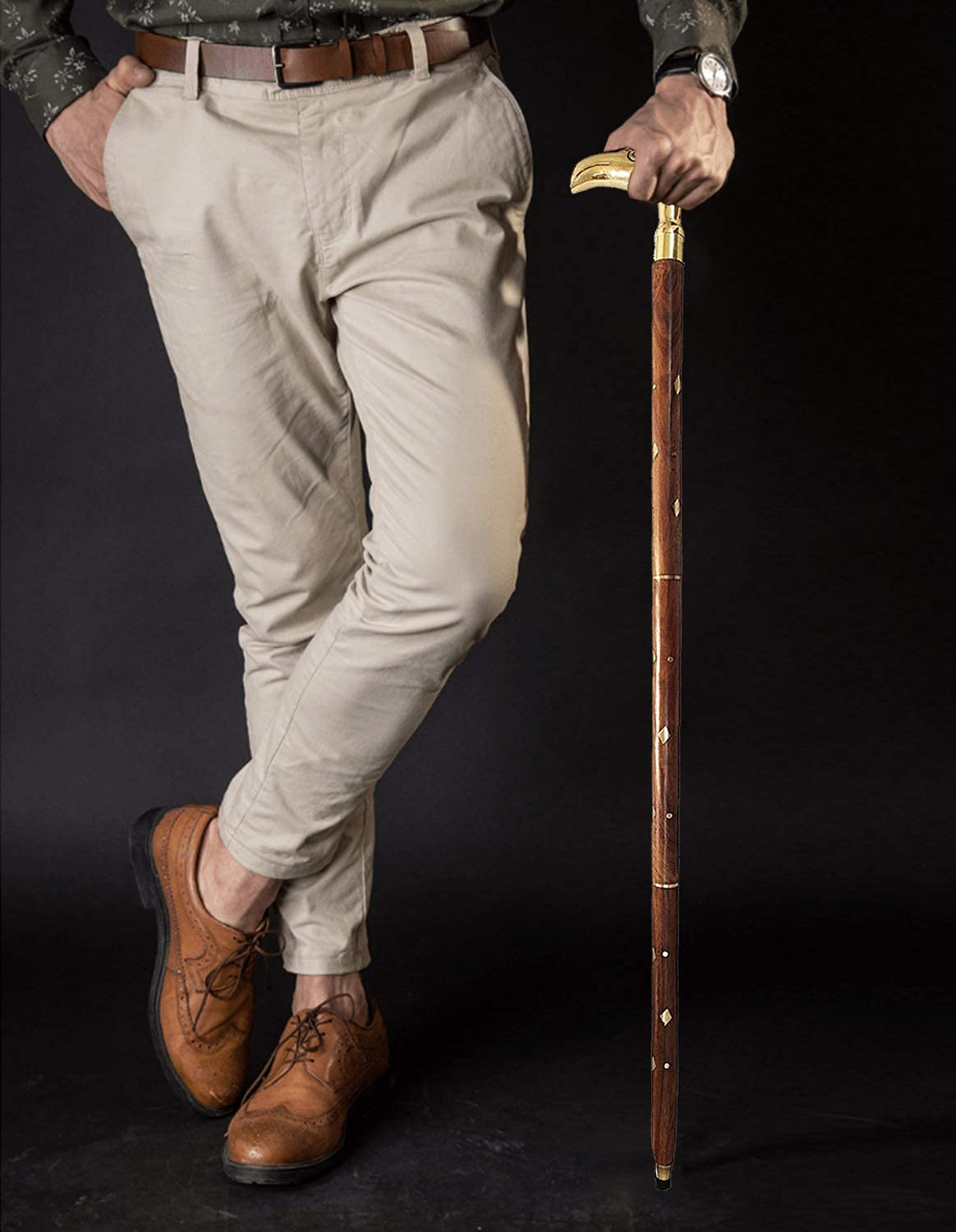 Santarms Wooden Stick for Walking Folding Walking Stick Walking Stick Pakka Sheesham Wood Walking Stick with Brass Handle - Eagle Design