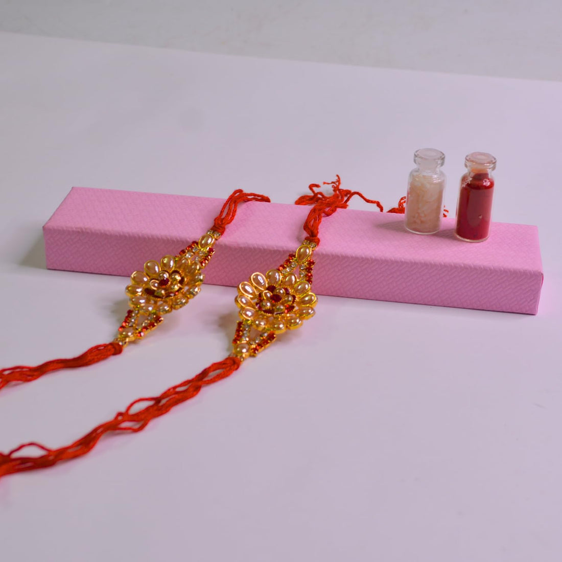 santarms Stone 2 Flower Rakhi Combo For Brother Bhaiya Bhabhi Sister Raksha Bandhan Gift Band Moli Bracelet for Bhai with Roli Tilak and chawal
