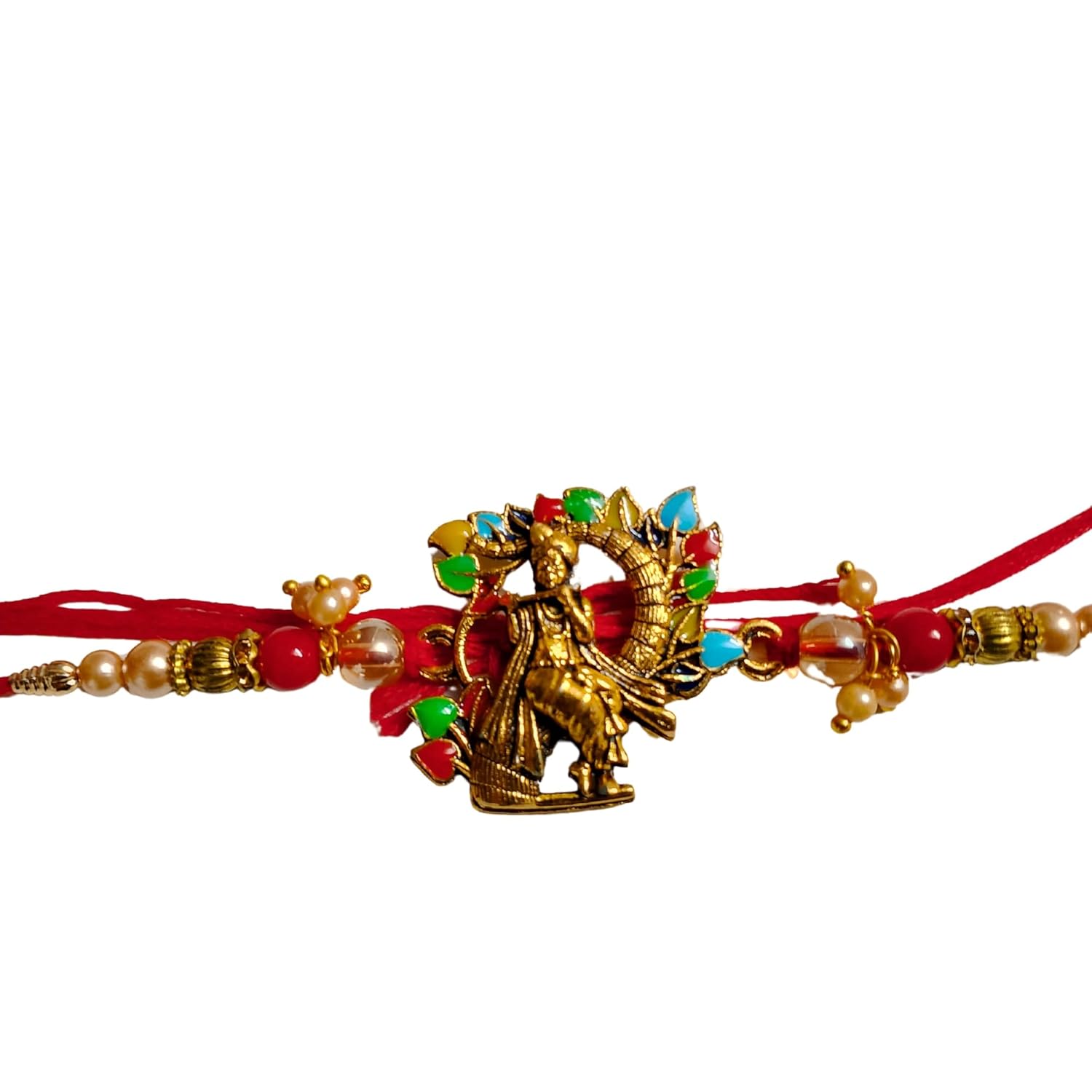 santarms Krishna Rakhi for Brother | Traditional Raksha Bandhan Rakhi with Colorful Beads, Roli and Chawal for Men & Boys