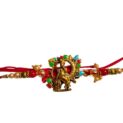 santarms Krishna Rakhi for Brother | Traditional Raksha Bandhan Rakhi with Colorful Beads, Roli and Chawal for Men & Boys