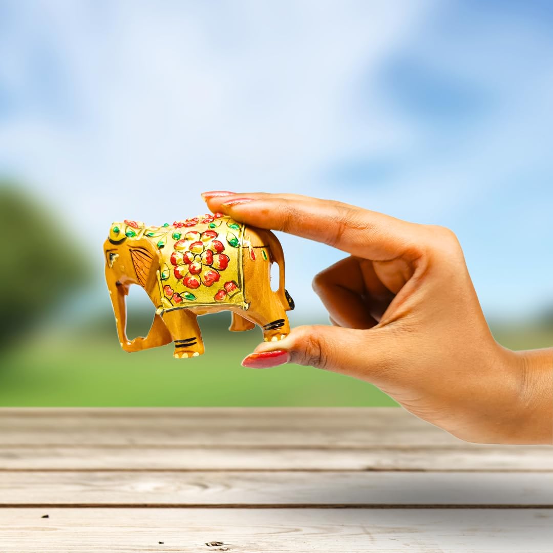 santarms Wooden Elephant Statue with Gold Polish and Meenakari Work | Small Size Decorative Animal Showpiece Figurine for Home & Office Table Article (Set of 1 Piece)
