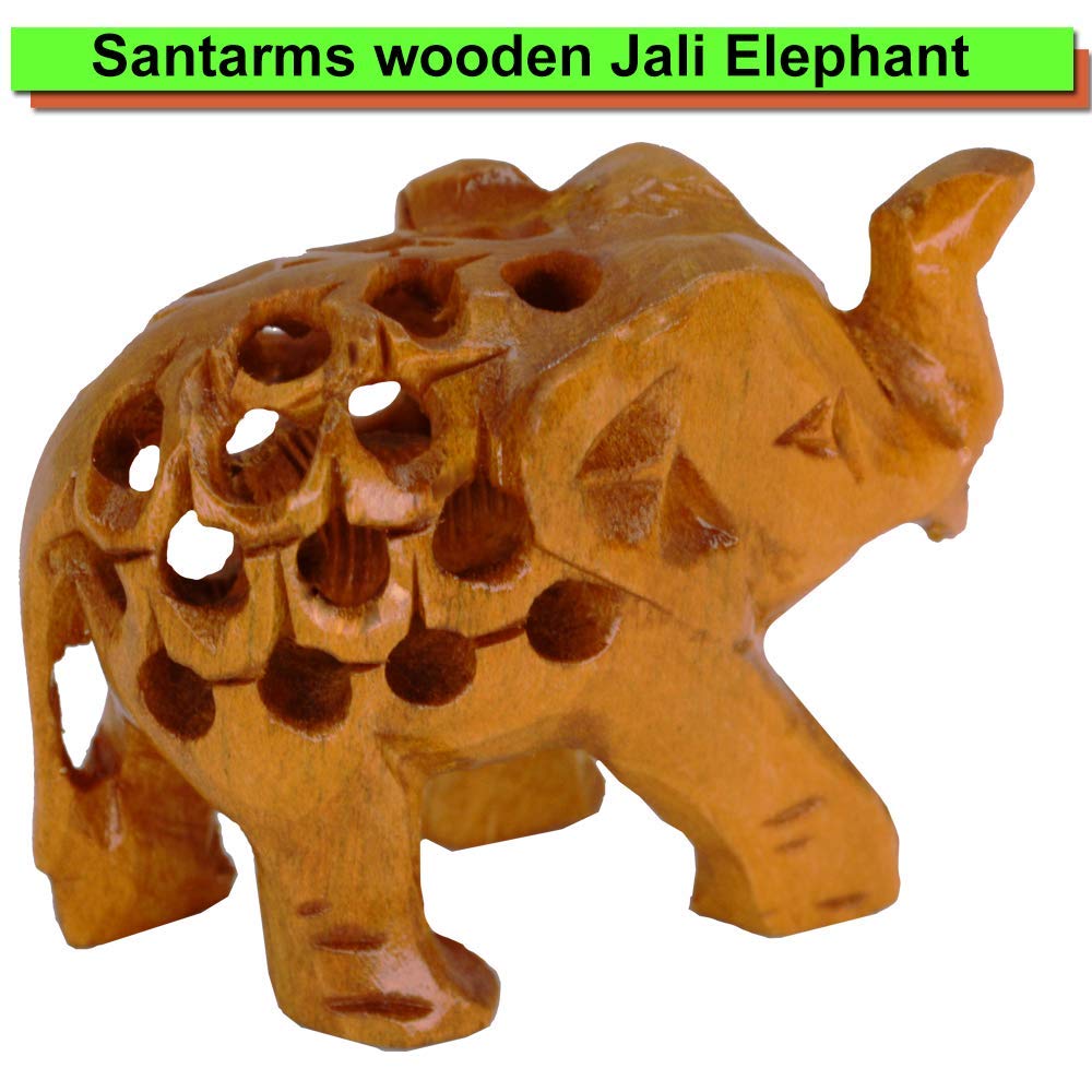 santarms Handcrafted Wooden Jali Elephant Statue Idol showpiece for Home Decor Items - (1.5 inch) (Brown)