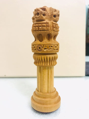 santarms Wooden Ashoka Stambh Pillar for Office Desk and Car Dashboard, Hand-Carved Sculpture Ashok Head/Piller for Table (4 Inch)