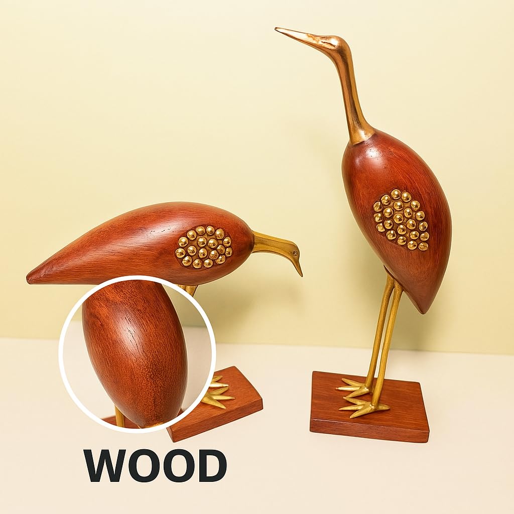 santarms Wooden and Brass Couple Swan for Home & Table Decor, Handmade Crane Decorative Item, Saras Love Birds Showpiece Figurine for Living Room and Bedroom