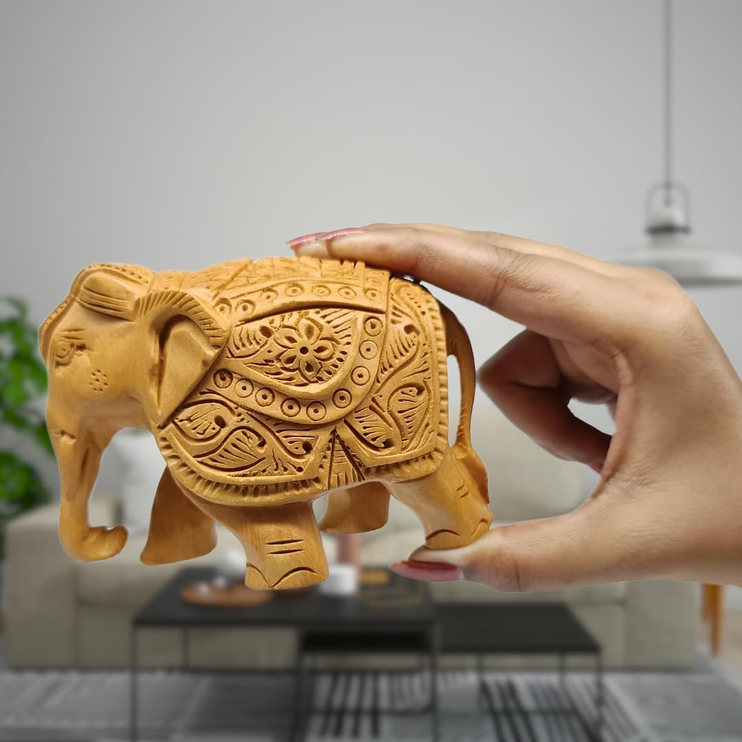 santarms Handcrafted Wooden Elephant Statue Idol – Exquisite 5-Inch Brown Carving Showpiece for Home Décor | Elegant Figurine Unique Accent