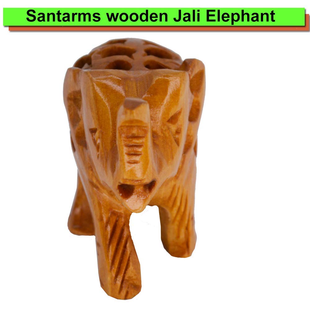santarms Handcrafted Wooden Jali Elephant Statue Idol showpiece for Home Decor Items - (1.5 inch) (Brown)