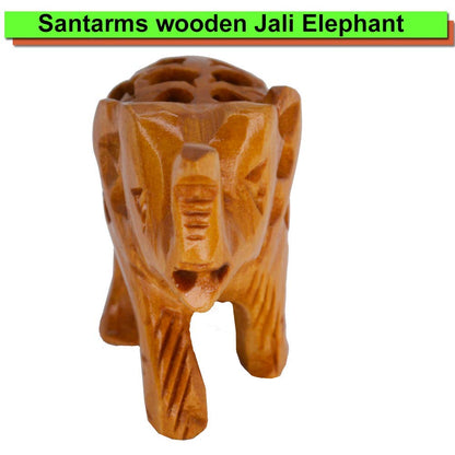 santarms Handcrafted Wooden Jali Elephant Statue Idol showpiece for Home Decor Items - (1.5 inch) (Brown)