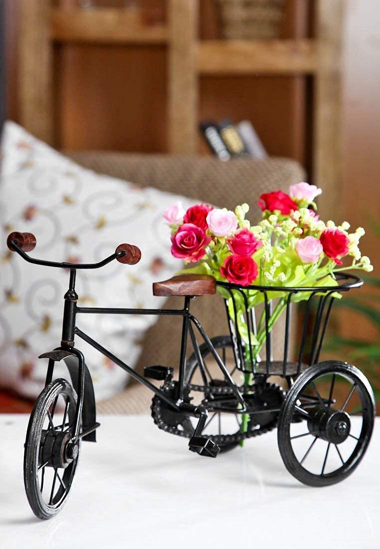 santarms Mini Iron Tricycle Showpiece with Basket for Home Decor | Vintage Handmade Cycle Planter Decorative Item | Metal Bicycle for Indoor Gift Use