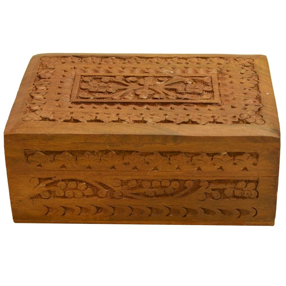 santarms Sheesham Wood Carved Box, Rosewood Jewellery Organizer, Square Design Vanity, Handmade Wooden Makeup Storage Box