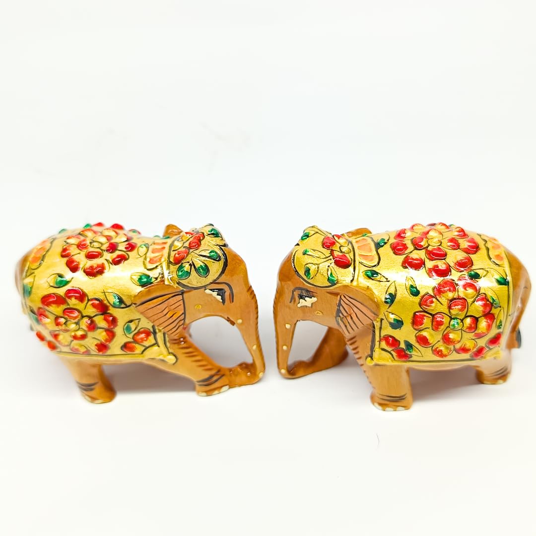 santarms Wooden Elephant Statue with Gold Polish and Meenakari Work | Small Size Decorative Animal Showpiece Figurine for Home & Office Table Article (Set of 1 Piece)