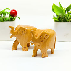 Santams Wooden Natural Original Elephant Idol Statue | Hathi Murti Figurine for Home Décor | Decorative Showpiece (2-Inch) | Shiny Look Elegant Accent 2Pcs