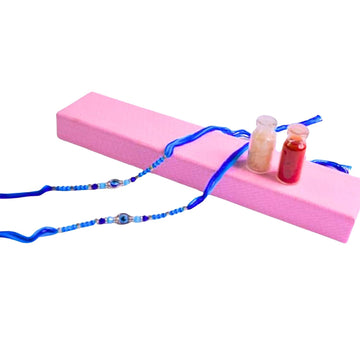 santarms Evil Eye Rakhi with Roli Chawal Vials – Blue Nazar Battu Rakhi for Boys, Men, Brother – Stylish Beaded Thread Bracelet for Raksha Bandhan - Set of 2