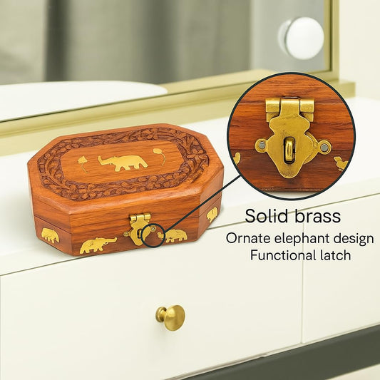 santarms Wooden Carved Box, Rosewood Jewellery Organizer, Elephant Design Vanity, Handmade Rajsthani Makeup Storage Box
