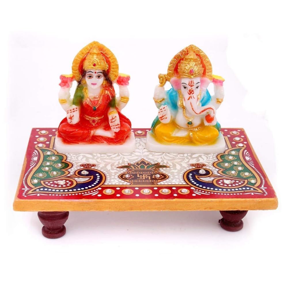 santarms Marble Laxmi Ganesh Idol with Chowki - Diwali Decorations and Pooja Gift Set, Perfect Diwali Gift, Pack of 1, Combo