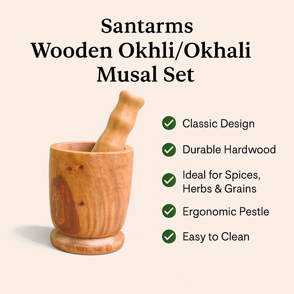 Santarms Wooden Mortar & Pestle Set – Handcrafted Okhli Musal for Grinding Spices & Herbs – Eco-Friendly, Durable, and Stylish Kitchen Tool