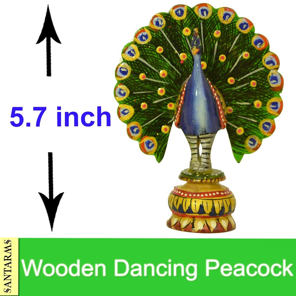 santarms Handmade Wooden Dancing Peacock (14.5cm) (Multicolour) -showpiece Peacock for Table top,Home,Office decroration and Gift Purpose