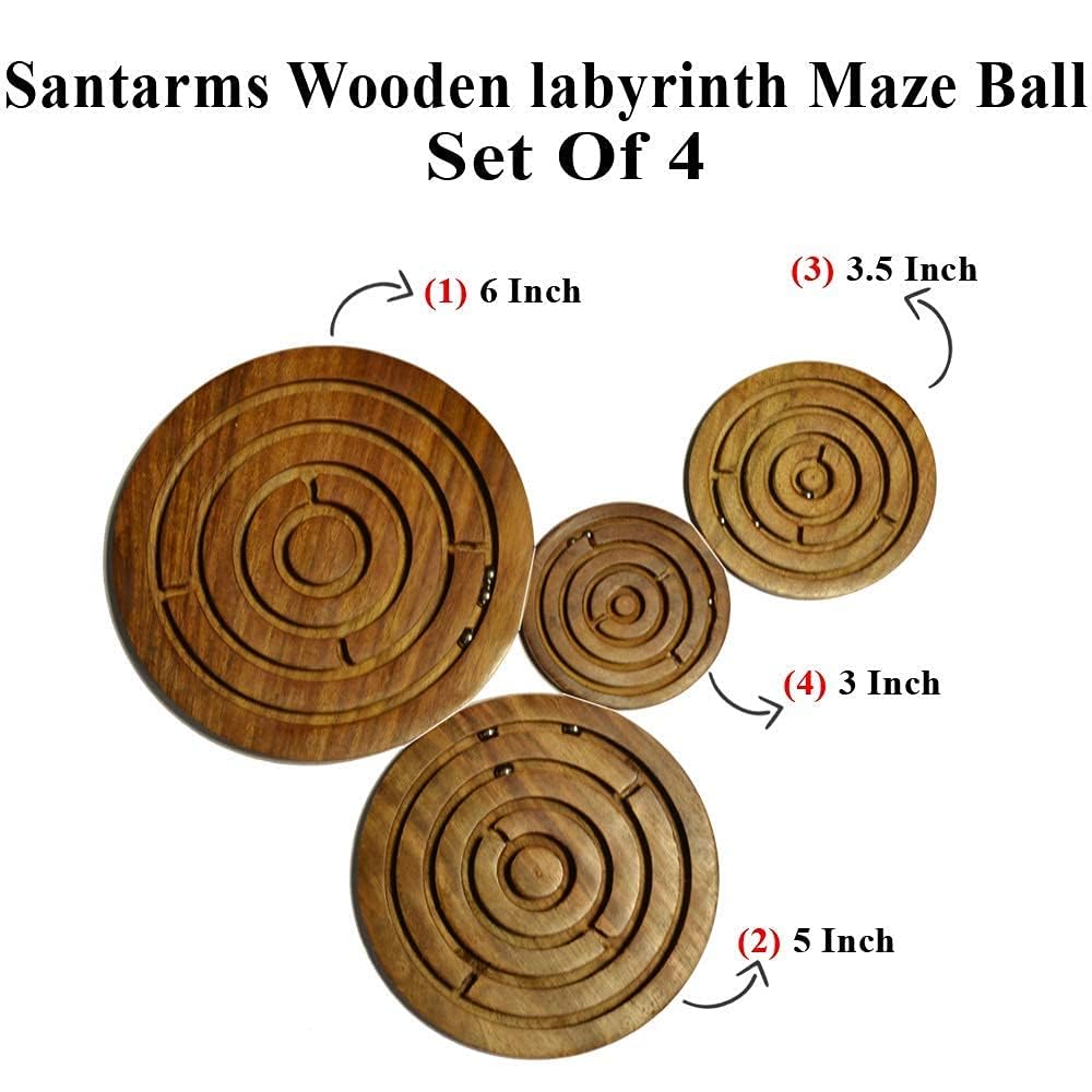 Santarms® Handmade Wooden Labyrinth Maze Set: A Set of 4 Challenging Ball Chakri Games for Kids and Adults - Enhance Concentration and Enjoy Quality Entertainment