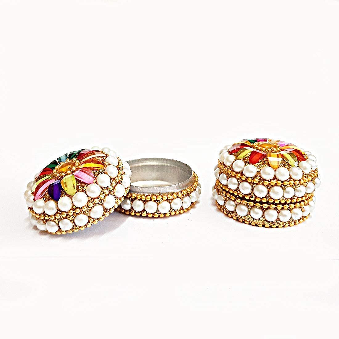 santarms golden small kum-kum box handcraft sindoor refillable for married women shadi ka gift puja round kumkum sindur shringar dani dabbi gifting moti dibbi fancy decoration (set of 2)